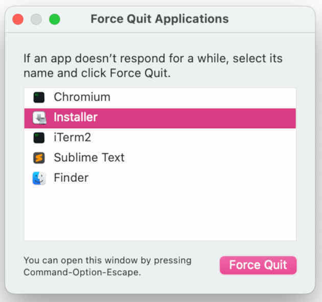 The force quit dialogue on MacOS